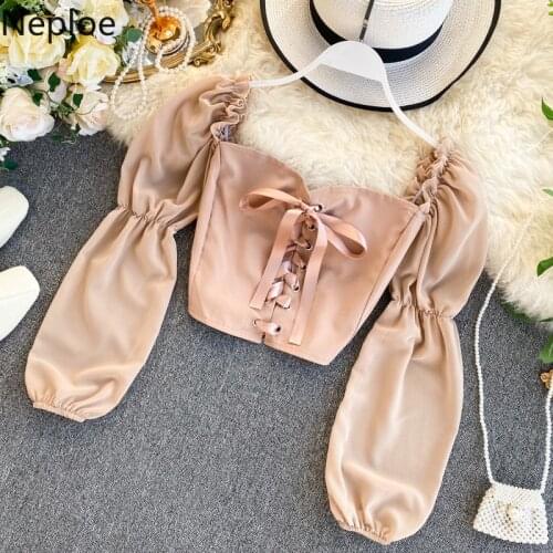 Neploe Shoulder Off Sexy Blouse Women Solid Square Collar Lace Up Puff Sleeve Shirts Spring 2021 Short Bandage Cropped Top 1A258