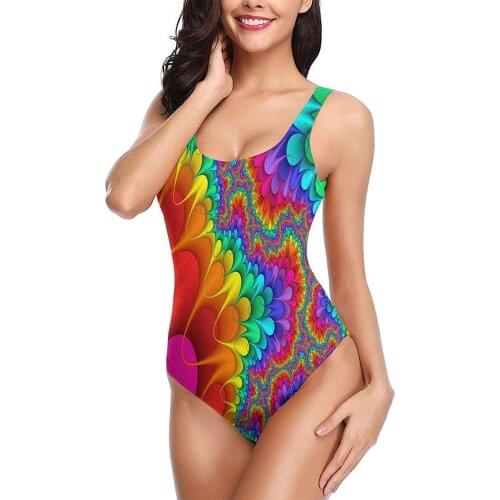 Womens One-Piece Bathing Suits Sexy 1piece Surfing Swimsuits Teen Girls Colorful Psychedelic Rainbow