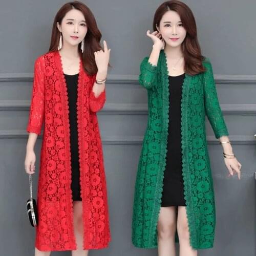 2021 Lace Women Cardigan Mid-Length Summer Mesh Shawl Sun Protection Clothing Female Coat Three-Quarter Sleeve Jacket Lady A153
