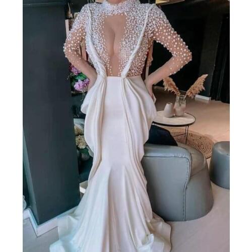 Sexy High Neck Long Sleeve Beaded Prom Dresses Zipper Back Robe De Soiree Satin Pleated Formal Party Dresses for Women