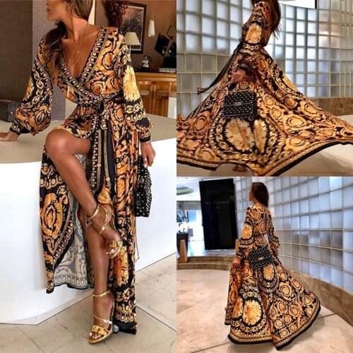 Sexy Fashion Elegant Women Deep V Neck Boat Neck Glitter Long Dress Print Dress Formal Sexy Party Clubwear New Style