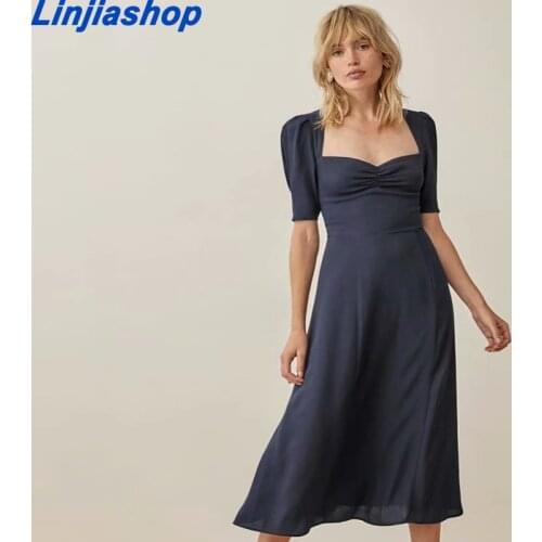 Retro long temperament summer midi dress goddess short sleeve slim sexy side slit French chiffon little black dress