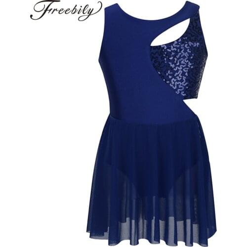 Kids Girls Asymmetrical Sequins Figure Ice Skating Dress Ballet Gymnastics Leotard Ballroom Children Lyrical Dance Costumes