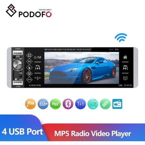 Podofo 1Din MP5 Player Touch Screen Car Radio RDS AM FM 4-USB Bluetooth Handfree 5.1 Inches Autoradio Voice Assistant Player