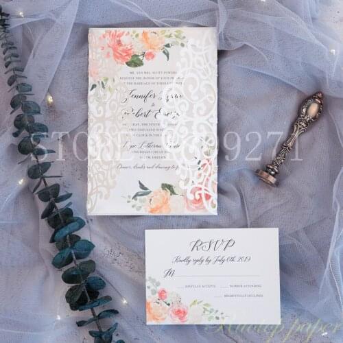 Free Shipping custom color Elegant Flower design Wedding Invitation With Hollow Laser Cut Invitation Card Party Invites