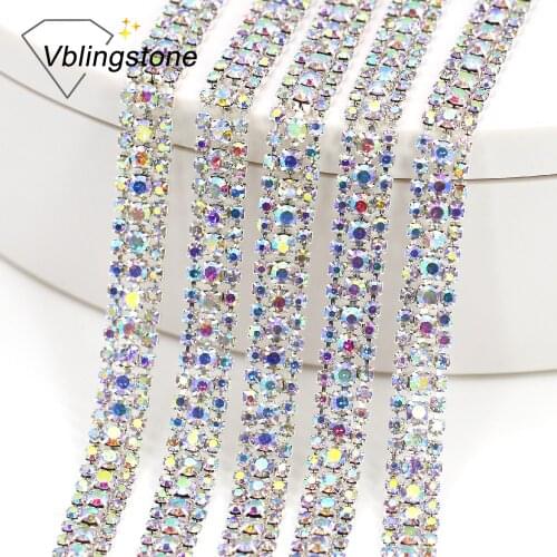 1Yard 3 Rows Crystal AB Rhinestones Chain Sliver Base Glitter Glass Strass Sew On Crystal Trimmings For Bags Decoration