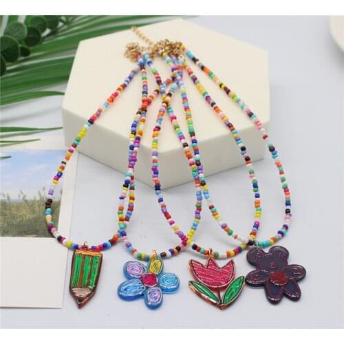 Bohemian Korean Colorful Beads Chain Girls Acylic Sweet Butterfly Flowers Statement Pendant Choker Short Necklace Women Jewelry