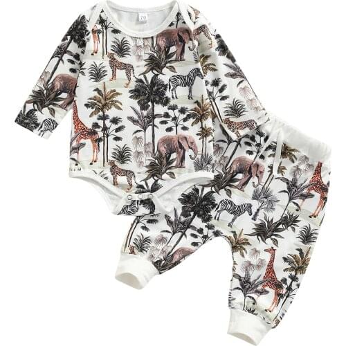 Newest Clothes For Newborns Fresh Forest Animals Printed Long Sleeve Romper Long Pants 2Pcs Cotton Clothing For Boys 0-18M Set