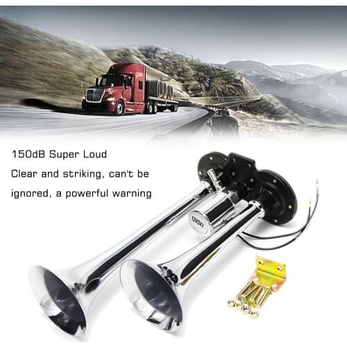 Dual Trumpet Electric Horn Loud Chrome Air Horn Speaker Kit 150dB 12V/24V Universal for Train Truck Lorry