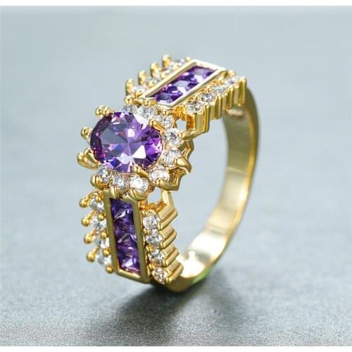Elegant Female Crystal Purple Oval Ring Yellow Gold Color Wedding Rings For Women Trendy Geometric Love Engagement Ring
