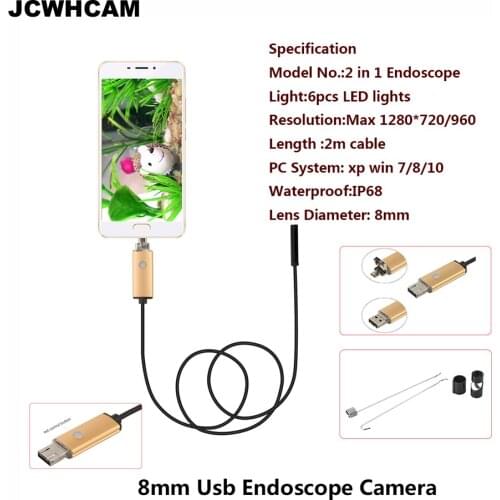 JCWHCAM Endoscope 8mm USB Endoscope Android 2M Cable PC USB Endoscopio Mini Endoscope Camera 720P Inspection Waterproof Phone
