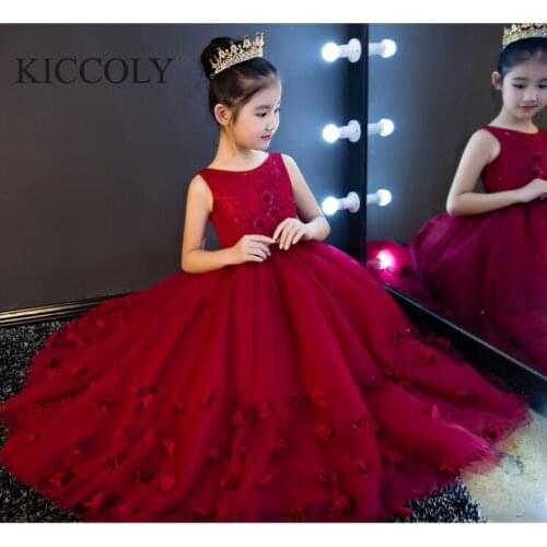 Red Tulle Girl Dress Flower Girl Dress for Party Pageant Appliques Lace Long Princess Wedding Dress Girls First Communion Gown