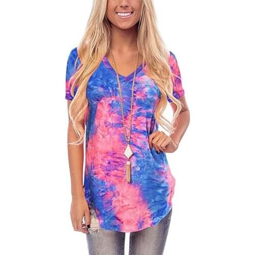 Summer Tie Dye Short Sleeve T Shirt Women Clothes Fashion V-neck Loose Tshirt Top Casual Plus Size Hipster Streetwear Tee Shirts