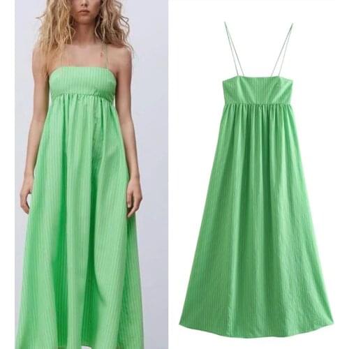Summer Greeen Striped Midi Dresses Women Za 2021 Vintage Straight Neck Dress Sexy Cross Straps Backless Slit Party Woman Dress
