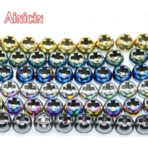 Many Colors Titanium Plating 10mm Hollow Out Cross Round Beads Rainbow Gold Navy Blue Green Loose Beads 5pcs/lot