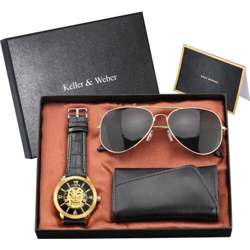Keller & Weber Punk Men Watch Set Included Automatic Mechanical Watch Sunglasses Key Package Birthday Gift Watch Set for Husband