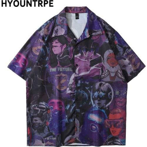Mens Shirts Cyberpunk Anime Printed Hawaiian Shirts Casual Loose Beach Camisas Hip Hop Vintage Aloha Shirts Harajuku Streetwear