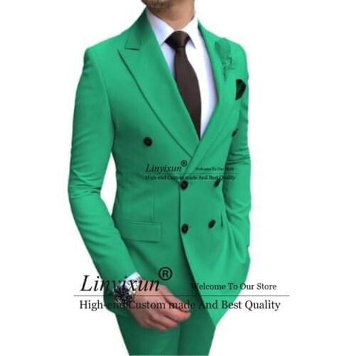 2020 green Mens Suit 2 Pieces Double-breasted Notch Lapel Flat Slim Fit Casual Tuxedos For Wedding(Blazer+Pants)