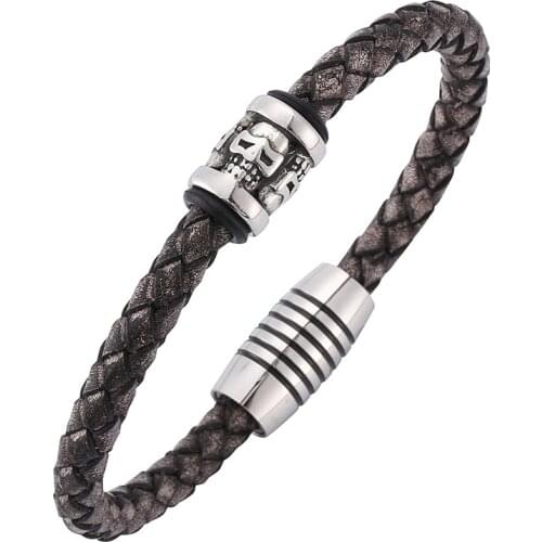 Retro Jewelry Men Skeleton Skull Bracelets Gray Black Braided Leather Bracelet Mens Magnetic Clasps Fashion Male Bangles SP0197