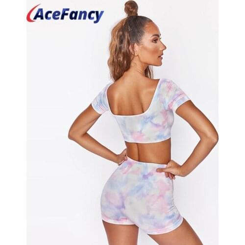 Acefancy Yoga Set Fitness Clothing Women Tie Dye Short Sleeve With Tummy Control Shorts Yoga Set Women Gym Clothes ZC4142
