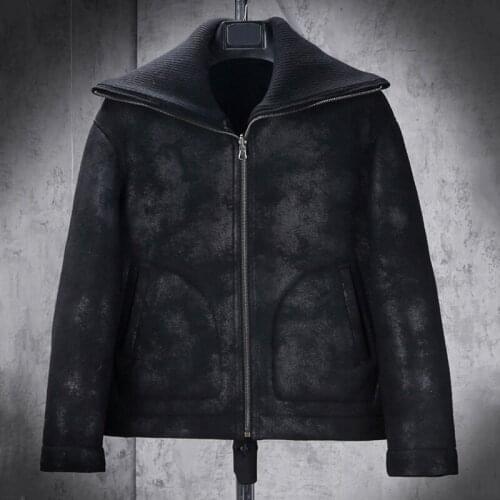 New Mens B3 Shearling Jacket Black Leather Jacket Short Fur Coat Thicken Wool Coat Fashion Motorcycle Jacket
