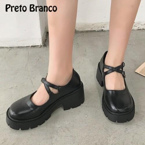 PRETO BRANCO 2021 New Black High Heels Shoes Women Pumps Fashion Patent Leather Platform Shoes Woman Round Toe Mary Jane Shoes