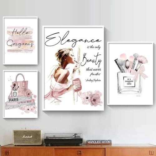 Nordic Poster Makeup Brushes Beauty Wall Art Books Prints Canvas Painting Pink Perfume Wall Pictures For Girls Room Decor