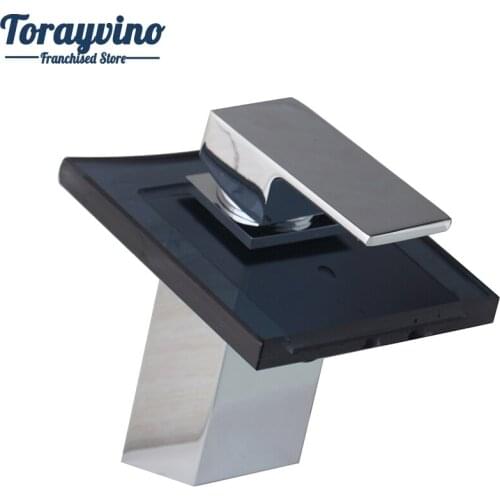 Torayvino Bathroom Mixer Basin Faucet torneira de banheiro Black Glass Waterfall Square Glass Sink Faucets Mixer Tap Chrome taps