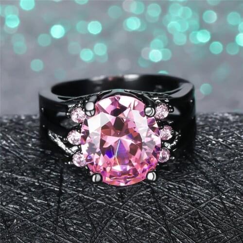 Vintage Female Pink Crystal Stone Ring Classic 14KT Black Gold Wedding Bands Jewelry Punk Oval Zircon Engagement Rings For Women