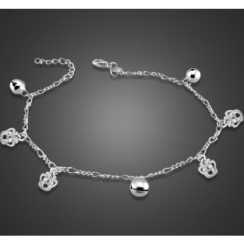 100%925 Sterling Silver Cute Bell crown Anklets for Women Foot Jewelry 26cm Beach Barefoot Sandals Bracelet on the leg ankle