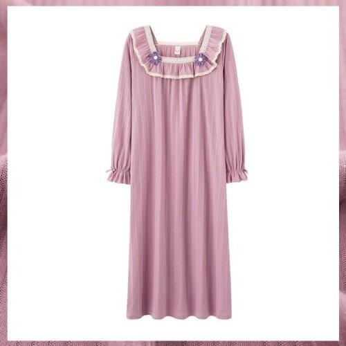 Ladies Square Collar Long Nightdress Spring Autumn New Cotton Loose Nightgown Lovely Lace Bow Home Dress Sweet Sleepwear M-XXXL
