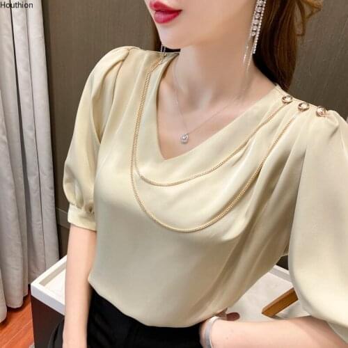Womens Blouse Chiffon Top Casual Fashion Tops Short Sleeve V-neck Shirt Summer Solid Color New Shirts Plus Size 10099