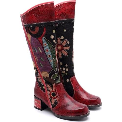 Retro Genuine Leather Printing Embossed Pattern Splicing Folkways Craft Cloth Women Ankle Boots Women Shoes Comfortable 4CM