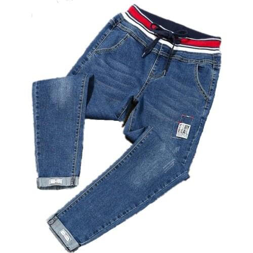 Large Plus Size 4XL 5XL Spring Stretch Jeans Women High Street Lace Up Harem Jeans Pants Elastic Wasit Patch Cuffs Denim Pants