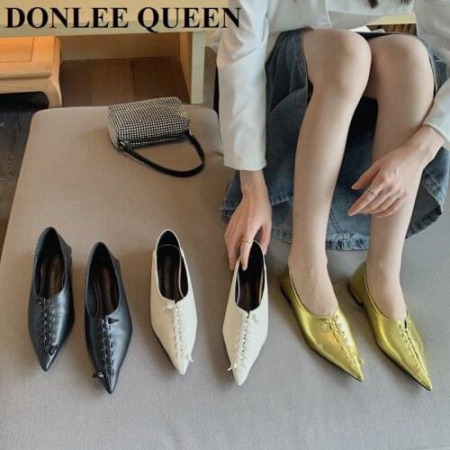 Women Shoes Flats Pointed Toe Shallow Female Dress Shoe Casual Chaussure Buty 2021 Footwear String Ribbon Brand Ballerina Mujer