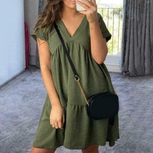 2021 New Fashion Summer Simple Casual Mini Dress Solid Color V Neck High Waist Women Short Sleeve Ruffles Dating Short Dress