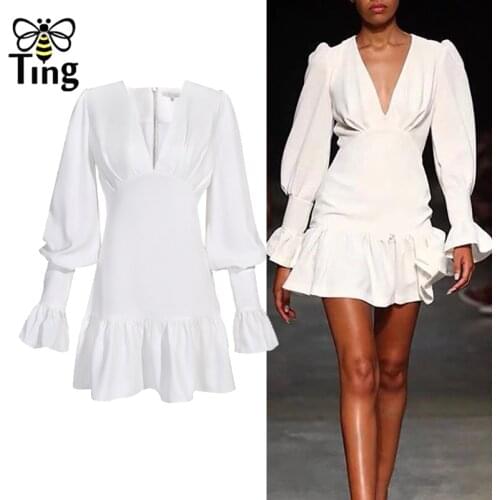 Tinfly Runway Designer High Waist Ruffles Lantern Sleeve Slim Deep V Neck Sexy Elegant Woman Mini Dress Short Vestidos Casual