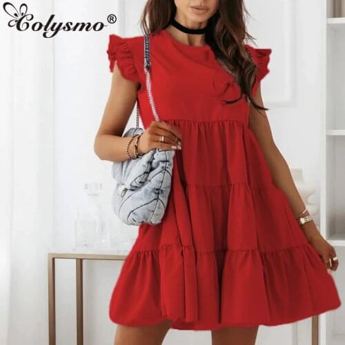 Colysmo Ruffle Dress Sleeveless High Waist Crewneck Solid Color A Line Mini Dress Sweet robe femme Summer Dress for Women 2021