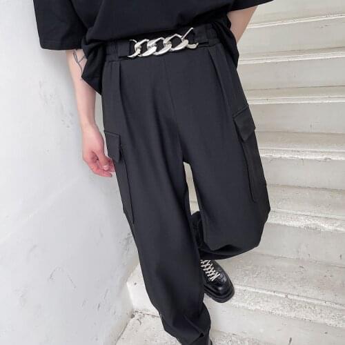 2021 spring summer Korean style personality metal chain design beam Pants men casual loose beam pants men,size M-XL