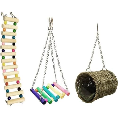 3pcs Pet Hamster Hanging Toy Set Hanging Bed Wood Ladder Swing Cage Toy For Squirrel Chinchilla Rat Playing Sleeping