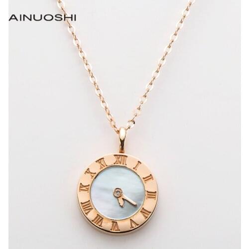 AINUOSHI 18K Rose Gold Real Black Agate Mother-Of-Pearl Ancient Roman Numeral Clock Pendant Necklace Women Fine Jewelry 18"
