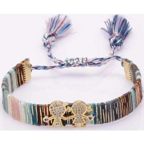 Bohemia boho rainbow cz pave boy girl kid gold charm beads cotton silk wristband adjustable bracelet for woman girl gift