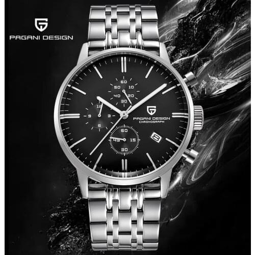 PAGANI DESIGN Quartz Watch Mens Watch Fashion Casual Stainless Steel Case Coated Glass Mirror 50M Waterproof Chronograph Calend