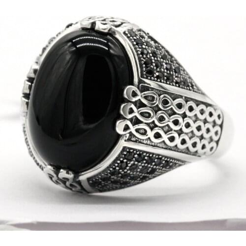 Black Natural Agate Stone Solid 925 Sterling Silver Ring For Men Women Vintage Wedding/Party Ring Turkey Jewelry Fine Jewelry