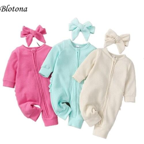 Blotona Baby Long Sleeve Romper +Bow Headband, Sweet Style Solid Color Ruffle Decoration Princess Spring Fall Costume 0-18Months
