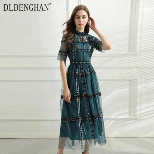 DLDENGHAN Summer Vintage Mesh Dress For Women Turn-Down Collar Half Sleeve Plaid Embroidery Slim Dresses Female Fashion New 2021