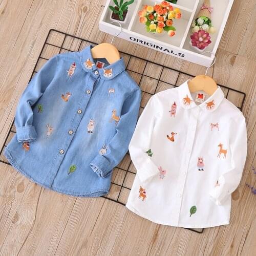 Cartoon Fox Rabbit Embroidery Jean Shirt Children Kids Long Sleeve Denim Blouses Clothing Autumn Baby Girls Jeans Shirts New Top