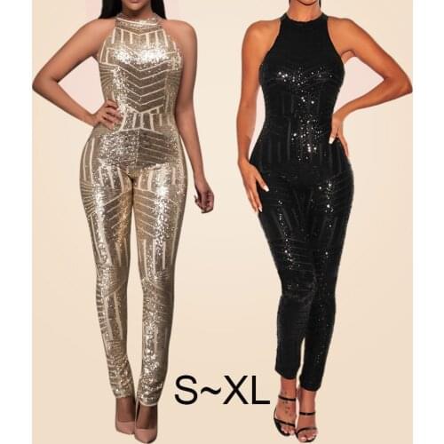 Elegant Women Sexy Sequin Bodysuit Ladies O-Neck Sleeveless Rompers Jumpsuit Playsuit monos largos mujer pantalon largo 2019