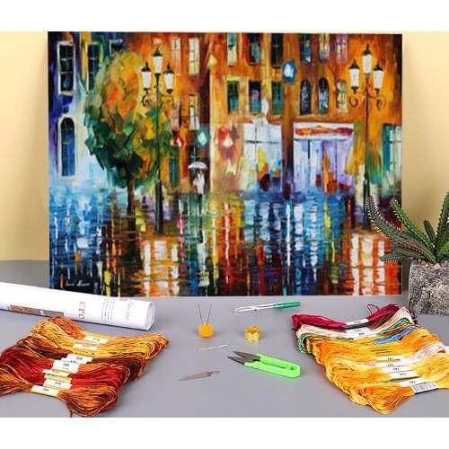 The City Rain Pre-Printed 11CT Cross-Stitch DIY Embroidery Complete Kit DMC Threads Needlework Hobby Knitting Design