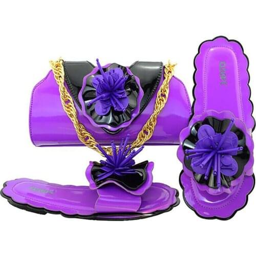 Italian Comfortable Woman Flat Slippers And Bag With Varnished PU Leather Material Shoes And Bags Nigerian Banquet Shoes And Bag